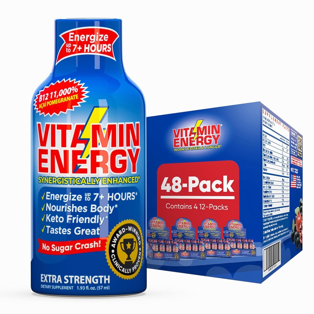 Vitamin Energy B12 11,000% Extra Strength Energy Shot Açaí Pomegranate 48 Pack, 260mg přírodní kofein, B12 & B6, nootropic Focus, Vitality, Nulový cukr, gluten- Free, Vegan, Kosher, 1.93 fl oz