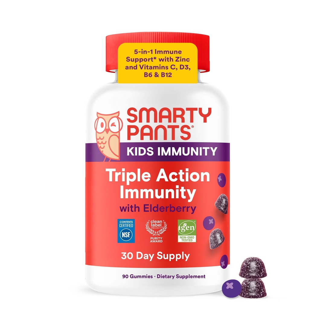 SmartyPants Kids Imunity Elderberry Gummies: Kids Imunitate Supplement, Vitamin C, Vitamin D, Vitamíny B6 & B12 a zinek, Lepek zdarma, Elderberry Flavor, 60 Day Supply (30 Day Supply)
