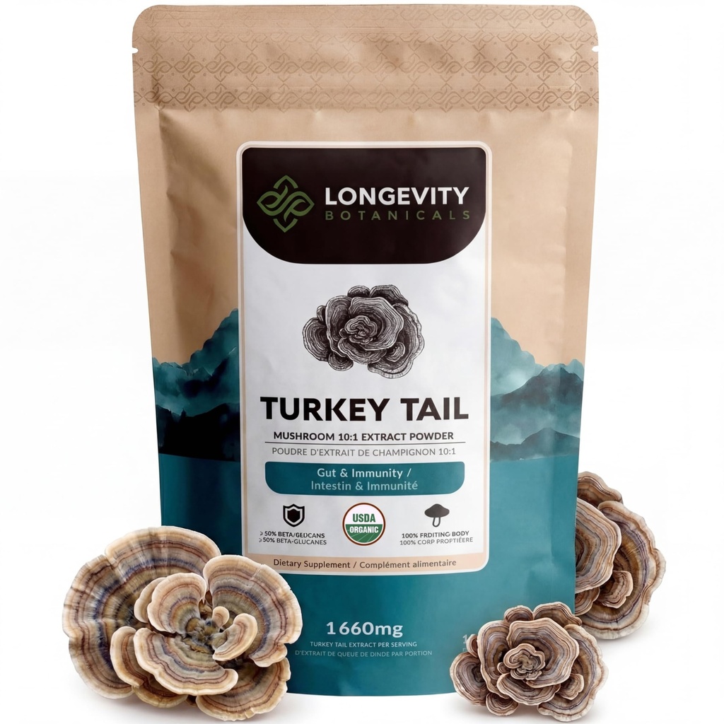 Organic Turkey Tail Houba Supplement 100g CUP 124; Pure Fruiting Body 10: 1 High Strength Extract CUP 124; 50% Beta-D Glucans CUP 124; 16,600mg Raw Ekvivalentní Per Serving CUR 124; Imunitation, Gut & Microbiome Support
