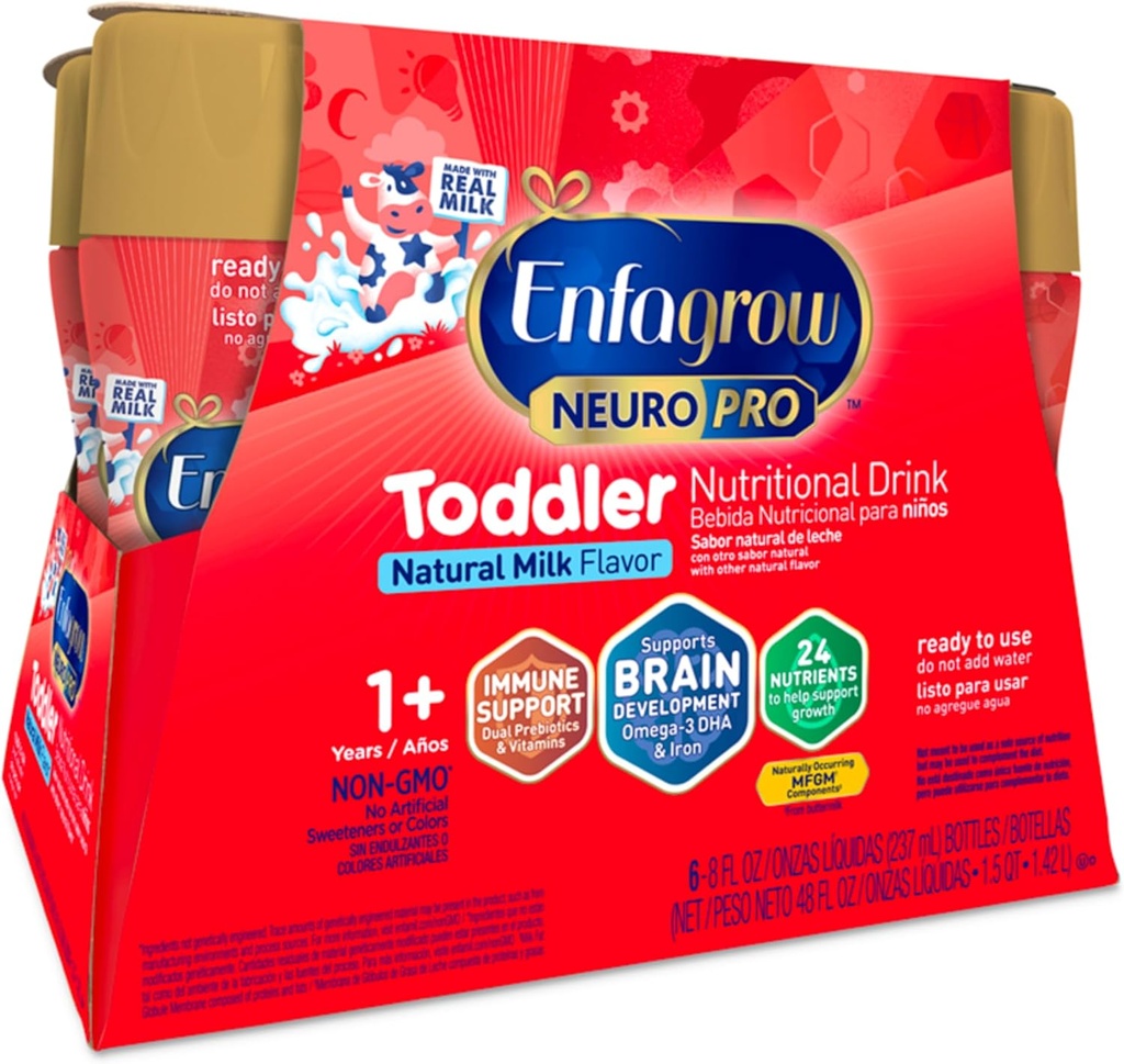 Enfagrow NeuroPro Toddler Nutritional Drink, Made with Real Milk, Brain- Building Omega-3 DHA, Nutrients and Prebiotics for Growth & Imunitation Support, Non- GMO, Toddler Milk Powder, 8 Fl Oz, 6 Počet