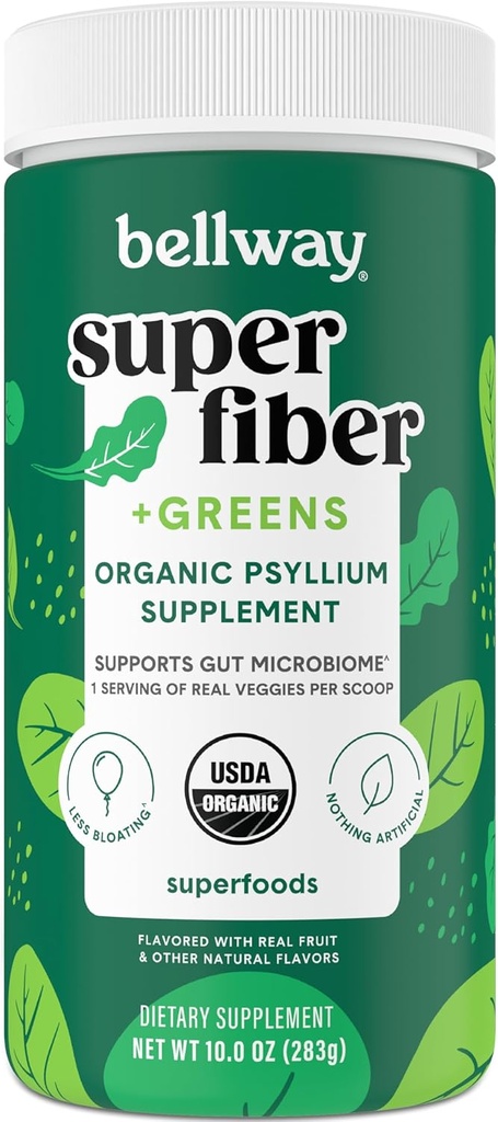 Bellway Super Fiber + Zelený Powder, Sugar- Free Psylium Husk Fiber Supplement Powder with Super Green (30 Servings)