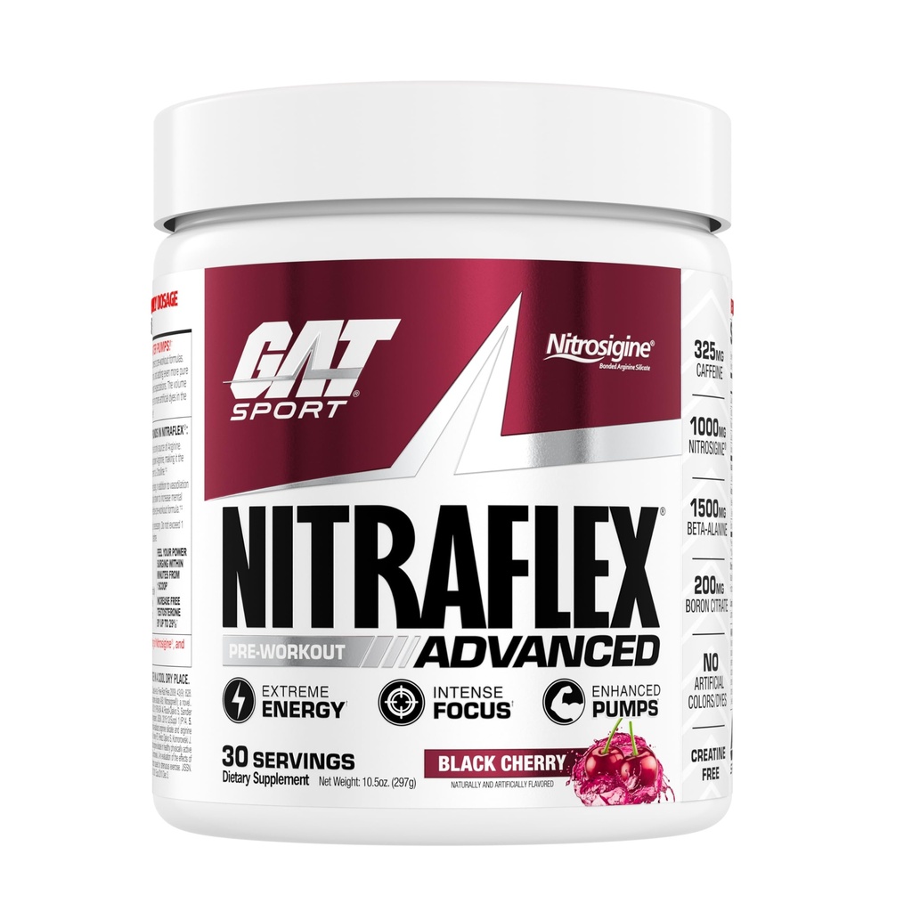 GAT SPORT Nitraflex Advanced Pre- Workout prášek, zvyšuje krevní tok, zvyšuje sílu a energii, zlepšuje výkon cvičení (Black Cherry, 30 Služeb)