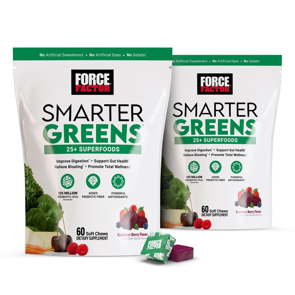 FORCE FACTOR Smarter Green Chews, 2- Pack, Green and Superfoods with Probiotics, Antioxidants, and Fiber, Green Supplement to Support Digestion, Nitric Oxide, and Energy, 120 Soft Chews