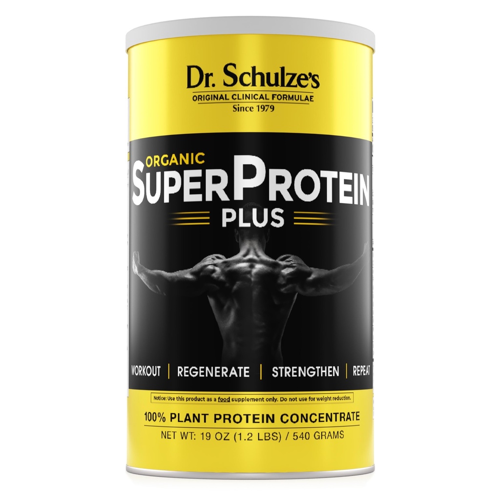 Dr. Schulze je 124; SuperProtein Plus 124; 100% rostlinný protein koncentrát 124; Organic Powder Mix 124; Vitamin B-12 & Spirulina Supple124; Dietní dodatek 124; Build Strong Muscle 124; Enhancement Workout Recovery 124; 19 Oz.