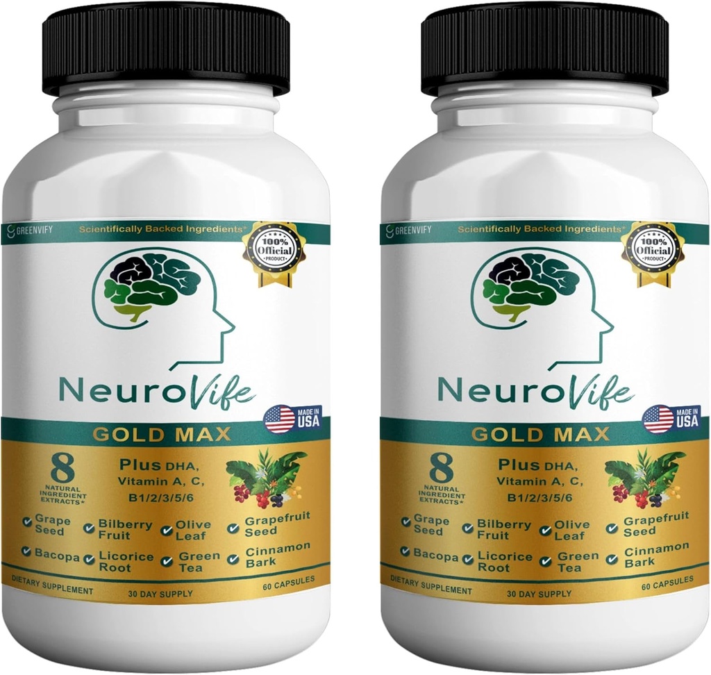 NeuroVife Gold Max Brain Support Dodatek 124; 8 Přírodní Extrakty s DHA, Vitamíny A, C, B Komplex 124; 60 Veggie Kapsle 124; Made in USA (2)