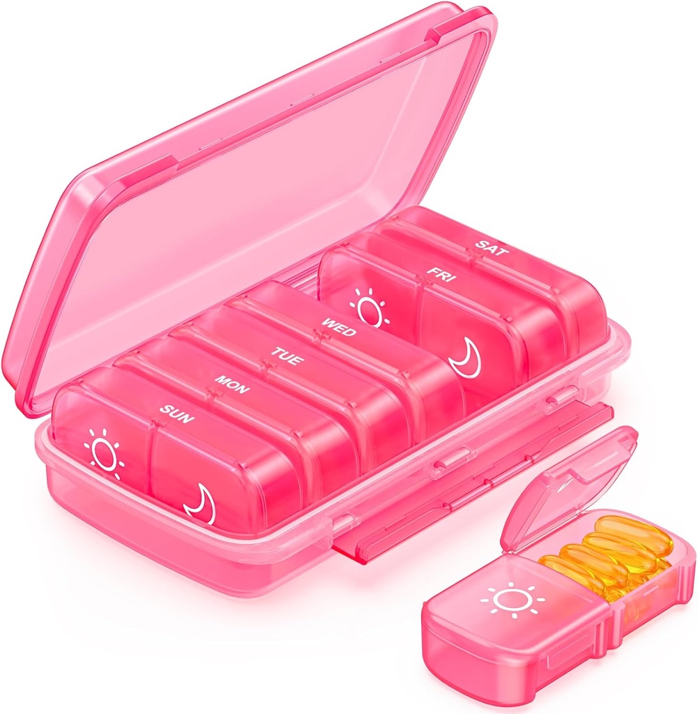 Týdenní porce Organizátor 2 krát denně s hydrae- rezistentní design, Pink AM PM Pill Box 7 Day for Easy Filling, Přenosný pouzdro na pilulky pro cestování, Velký držák na pilulky pro vitamín, Rybí olej, dodatek
