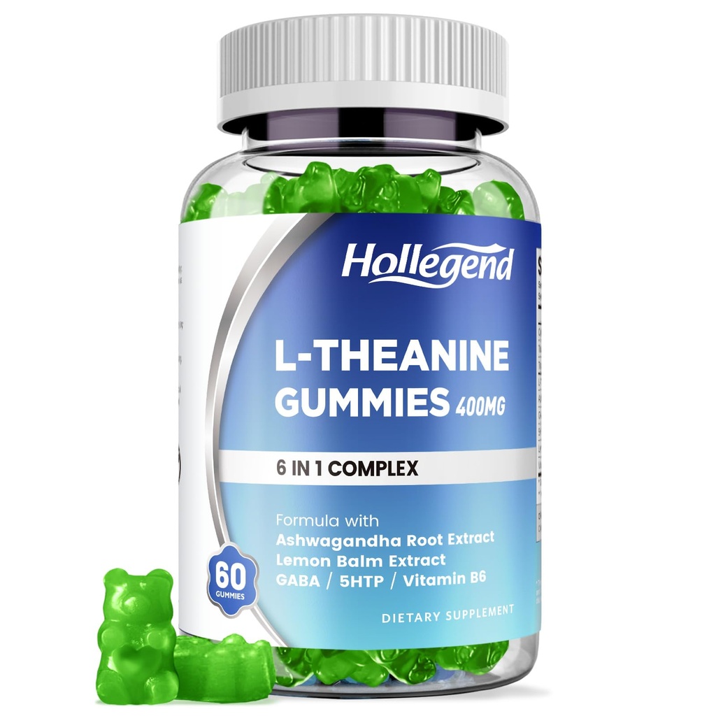 L- Theanine Gummies, l 'theanine 400mg with Ashwagandha, GABA, 5HTP, L- Theanine Chewable Supplement for Relax, Zzz & Focus Support, Vegan, Lemon Flavor, 60 Counts