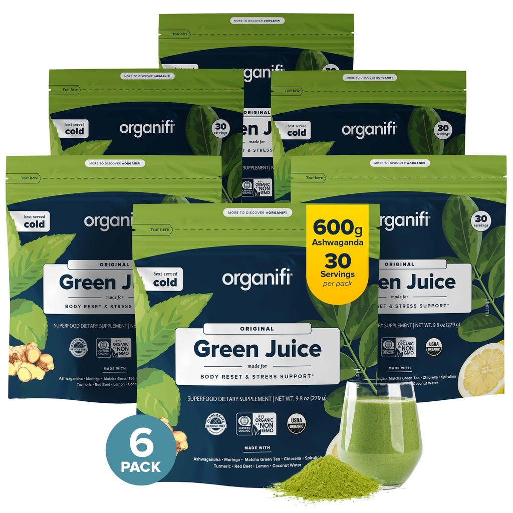 Organifi Green Juice - Organic Superfood Powder - 180- Day Supply - Organic Vegan Greens - Pomáhá snížit kortizol - Poskytuje lepší odpověď na stres - Podporuje kontrolu hmotnosti - Celkem Tělo Wellness