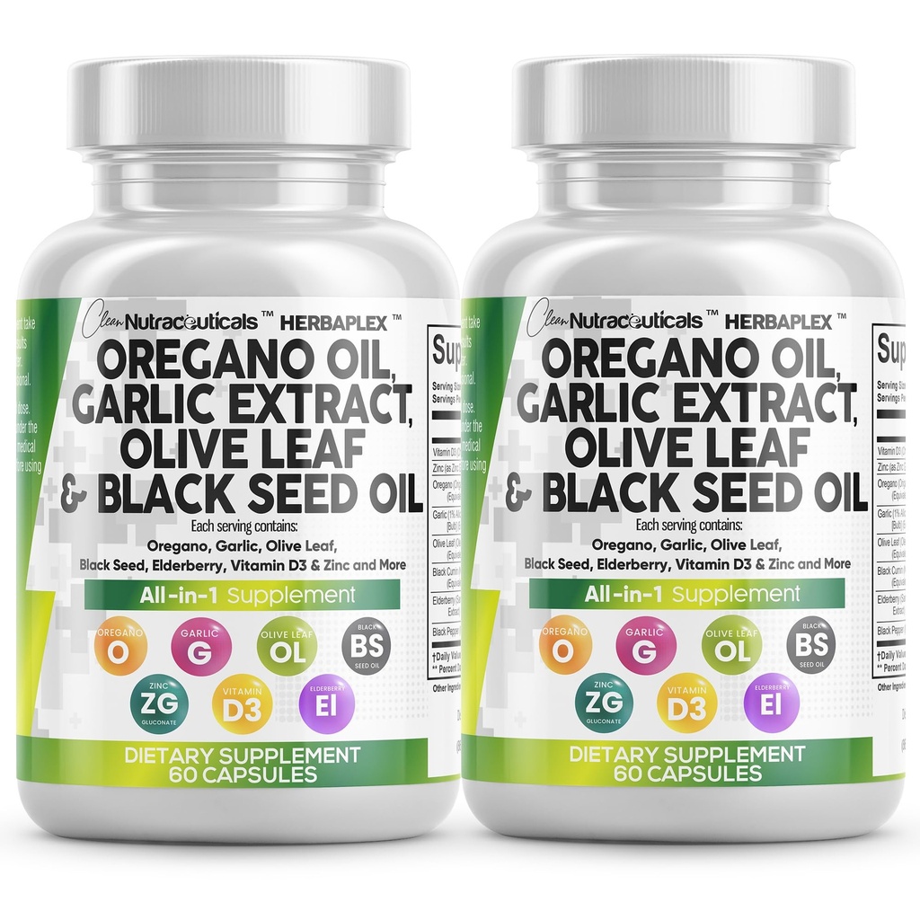 Clean Nutraccis Oregano Oil Česnek Extract Olive Leaf Black Seed Oil - Imunitní podpora a dietní doplněk zdraví pro ženy a muže s vitamínem D3 & zinek - 2Pack