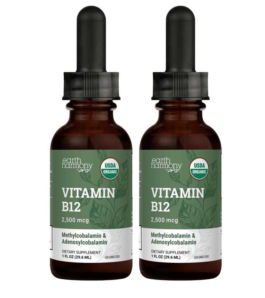 USDA Organic Vitamin B12 2000mcg Sublingual Liquid Supplement (2- Pack) - Vegan Methylkobalamin Drops for Natural Energy, Udržovat metabolismus, a Imunitary System Support - 1 Fl Oz