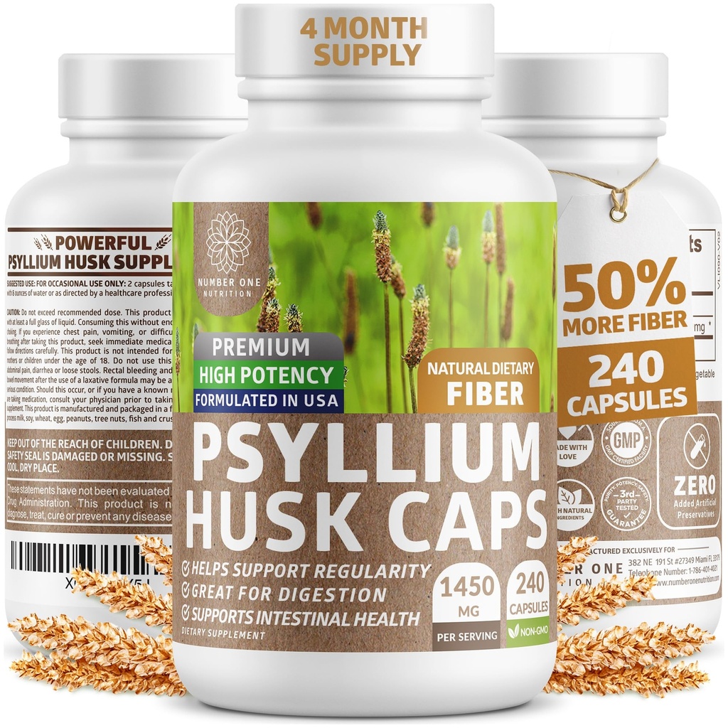 N1N Premium Psylium Husk Kapsle [Všechny přírodní, 1450 MG] Výkonný Soluble Fiber Dodatek na podporu regularity a stravitelné zdraví, 240 Caps