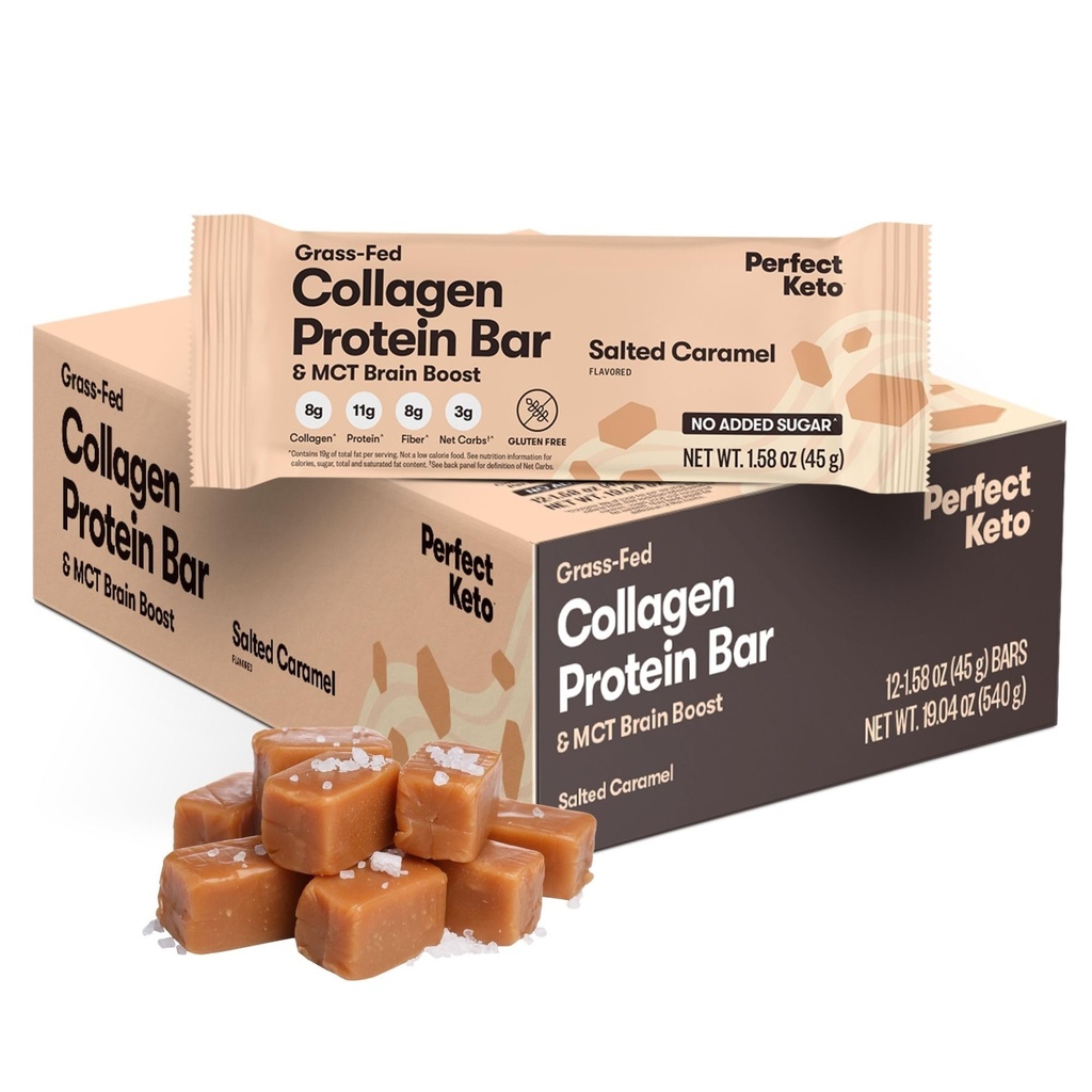 Perfektní Keto Bary - Nejčistší Keto Snacks s kolagen a MCT. No Add Sugar, Keto Diet Friendly - 3g Net Carbs, 19g Fat, 11g Protein - Diet Food Dessert (Slaný karamel, 12 barů)