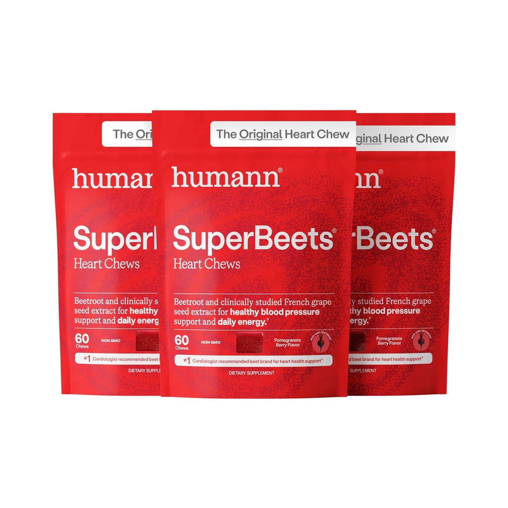 HumanN SuperBeets Srdeční žvýkání, oxid dusičitý a krevní tlak podpora, Grape Seed Extract & Non- GMO Beet Root Powder Energy, Granátová jablka Berry Flavor, 180 Počet
