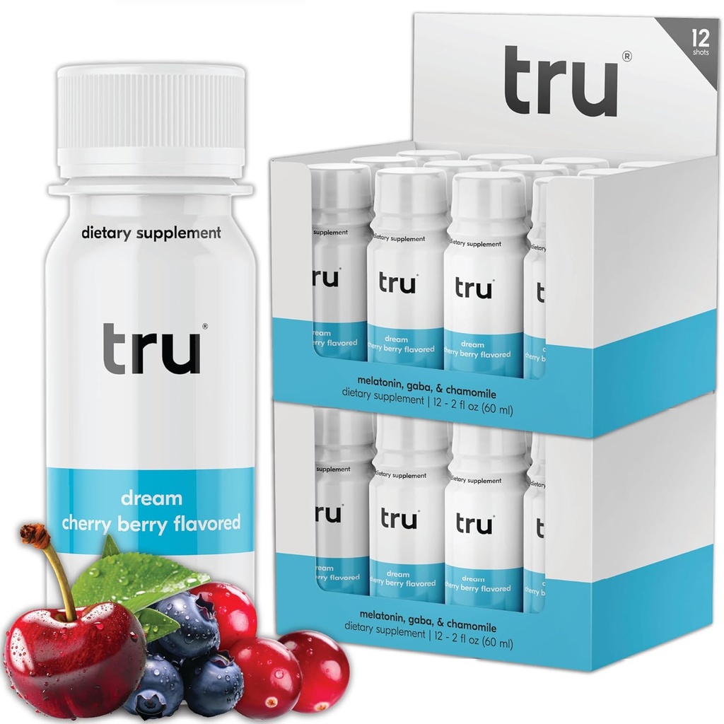 Tru Dream Shot, Cherry Berry ochucené Deep Sleep Aid Shots - Zero Sugar Calm Sleep Drink plus Melatonin, GABA, Heřmánek - Caffeine Free, GF, Keto, Přírodní příchutí, Vegan dodatek, 2oz (balení 24)