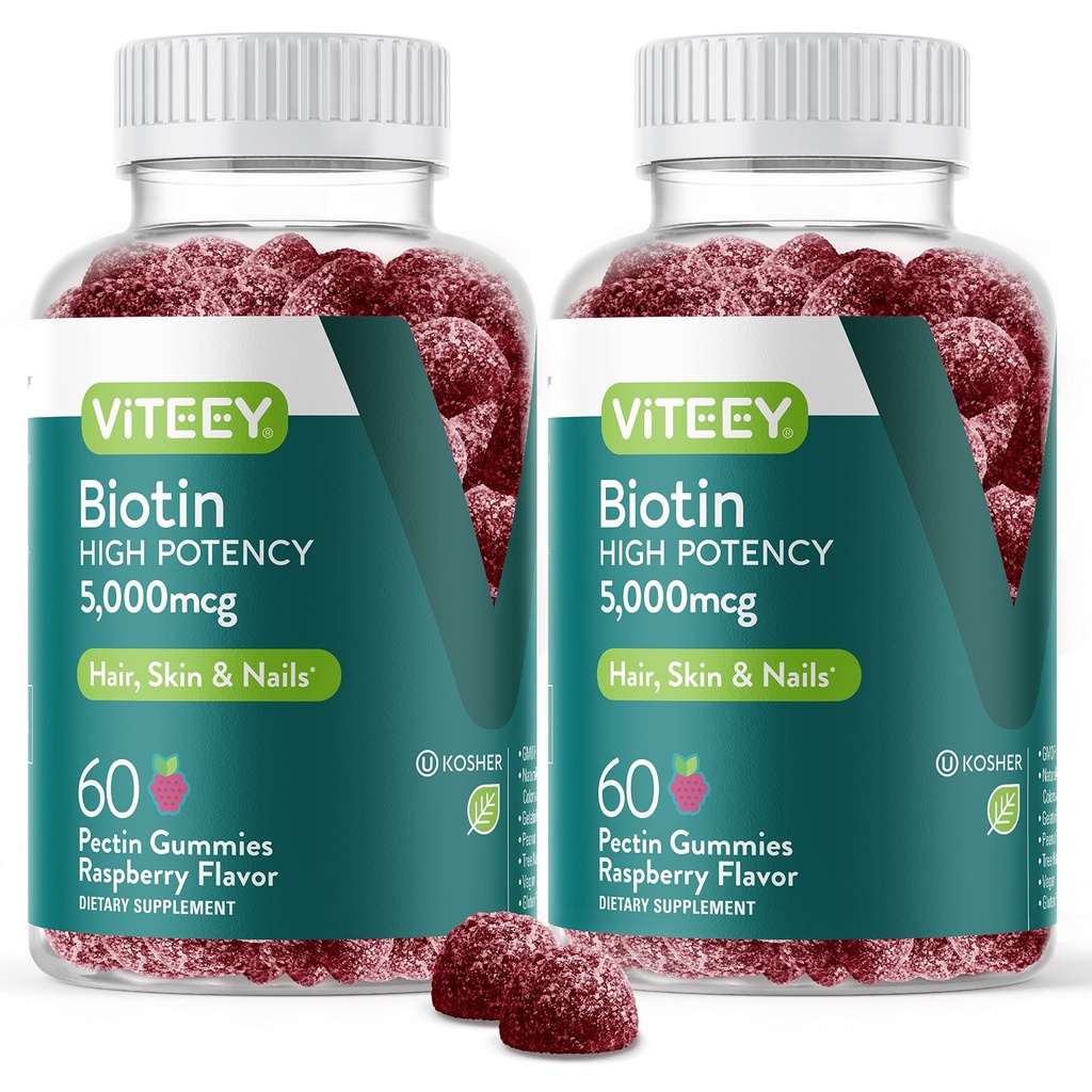 VITEEY Biotin Gummies for Hair Skin and Nails - Biotin for Hair Growth Gummies - 5000 mcg - Vegan, gluten- Free, Non- GMO - 120 Počet