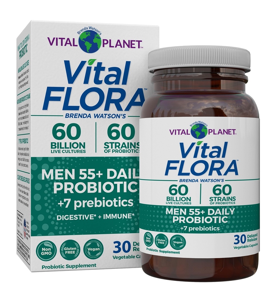 Vital Planet - Vital Flora Men 55 + Daily Probiotic, 60 miliard CFU, 60 Diverse Strains, 7 Organic Prebiotics, Imunitní podpora, Reliéf plynu, Colon a Digestive Health Probiotika pro muže 30 Kapsle