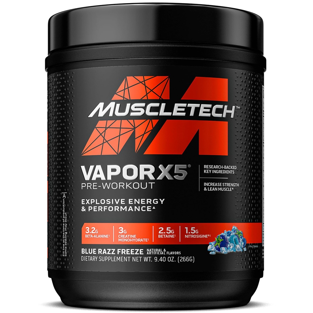 MuscleTech Pre- Workout Powder, Vapor X5 - Sport Nutrition Muscle Building doplňky pro ženy a muže - Intenzivní Muscle Pump Energy Powder Drink Mix - Blue Razz Freeze, 266g (30 Služeb)