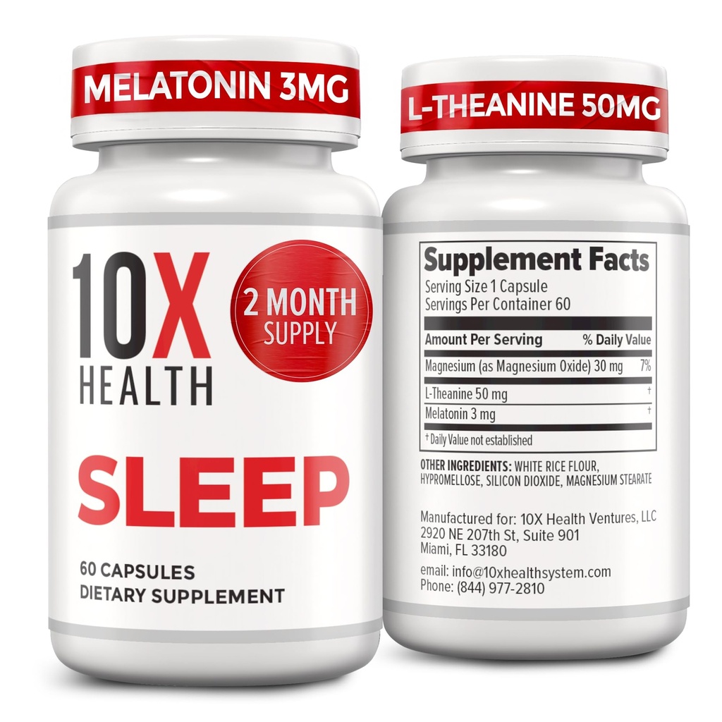 10X Zdravotní spánkové doplňky pro dospělé - 60 Kapsle - Melatonin 3mg, L Theanin, doplněk hořčíku, oxid hořečnatý pro hluboké, lepší odpočinek a relaxace - 3- in-1 přírodní spánková podpora