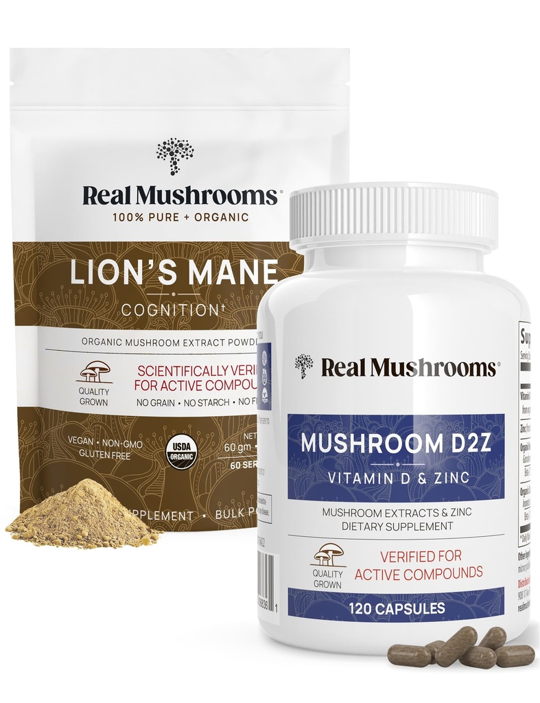 Real Houby Vitamin D2, Chelated Zink, Chaga, Reishi (120ct) a Organic Lion 's Mane Powder (60 Servings) Bundle - Imunita a kognitivní podpora, Lepší absorpce - Vegan, Gluten Free, Non- GMO