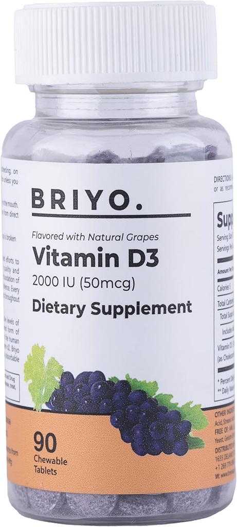 Briyo Vitamin d3 žvýkací tableta - 2000 IU (50 mcg per serving) - Delicious Natural Grape Flavor, 90 Počet