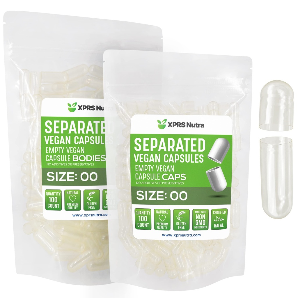 XPRS Nutra Vegan Velikost 00 Oddělené kapsle - 100 Hrabě Čiré Premium Prázdné kapsle Oddělené v sáčcích - 00 Pilulky Prázdné pro DIY Dodatek Náplň