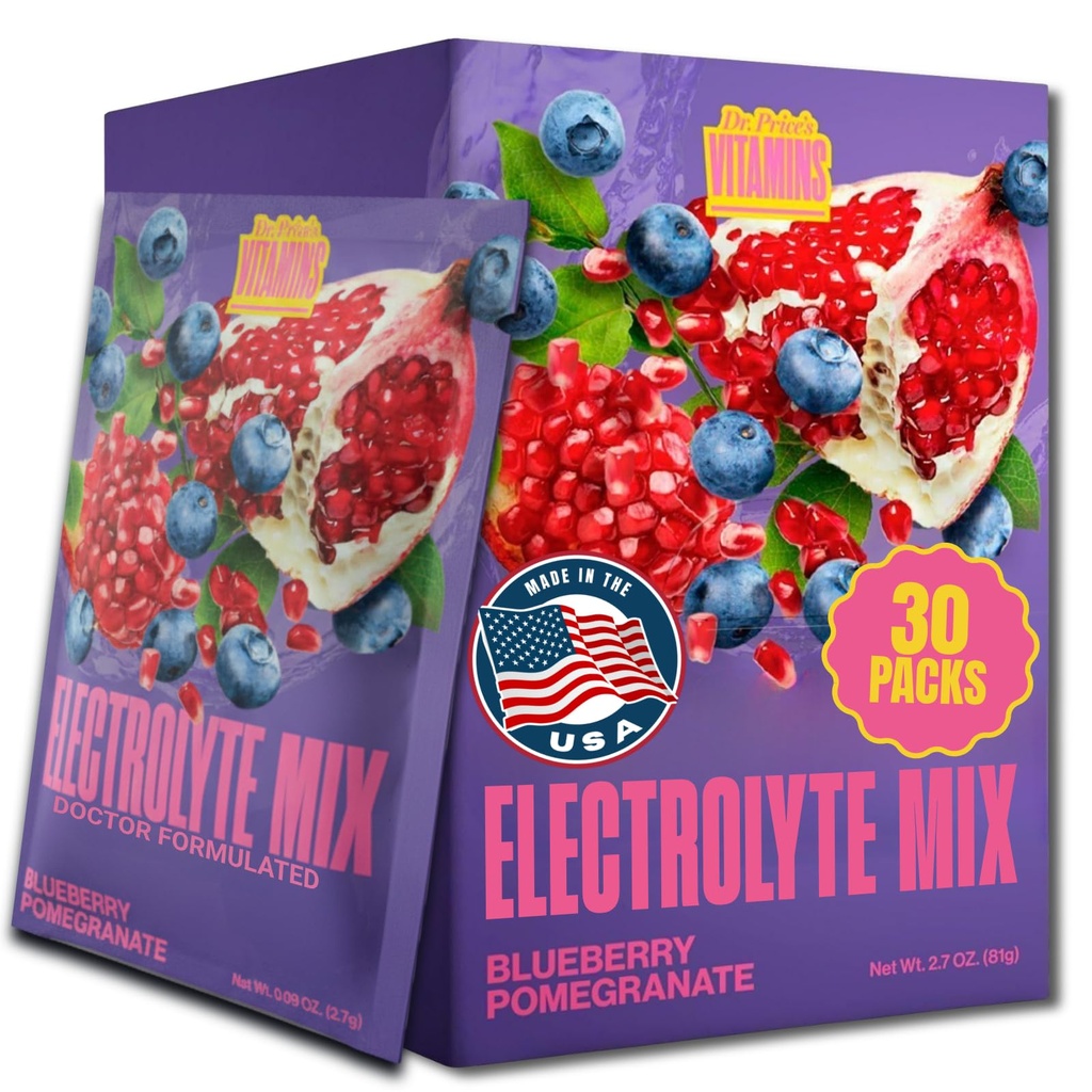 Dr. Price Vitamíny Electrolyte Mix Supplement Powder, 72 Trace Minerály, Draslík, Sodík, Elektrolyt Náhrada Keto Pití 124; Blueberry- Pomegranát 30 Packets OF 124; No Sugar, Keto, Vegan, Non- GMO
