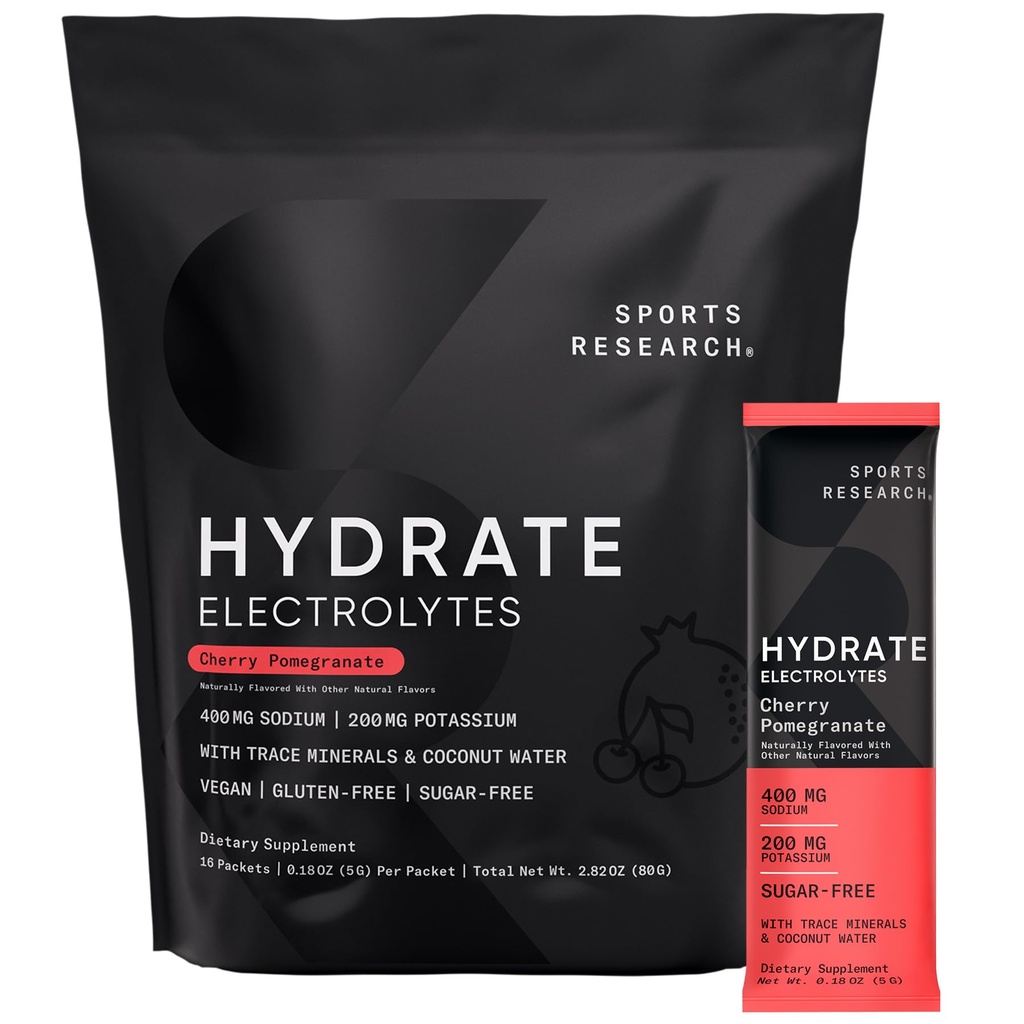 Sportovní výzkum Hydrate Electrolytes Powder Packets - Sugar- Free & Přirozeně ochucené vitamíny, minerály, a kokosová voda - Podporuje hydrataci - 16 Packets - Cherry Pomegranate