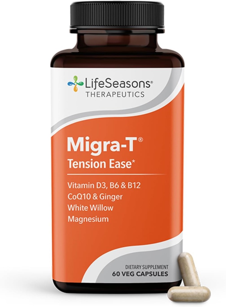 LifeSeasons Migra-T s Relieve-R PM - Migréna Prevention & Relief Dodatek - Podporuje těžké bolesti hlavy - Snižuje světelný zvuk a zápach citlivost - Horečka, bílá Willow, hořčík Ginger & CoQ10