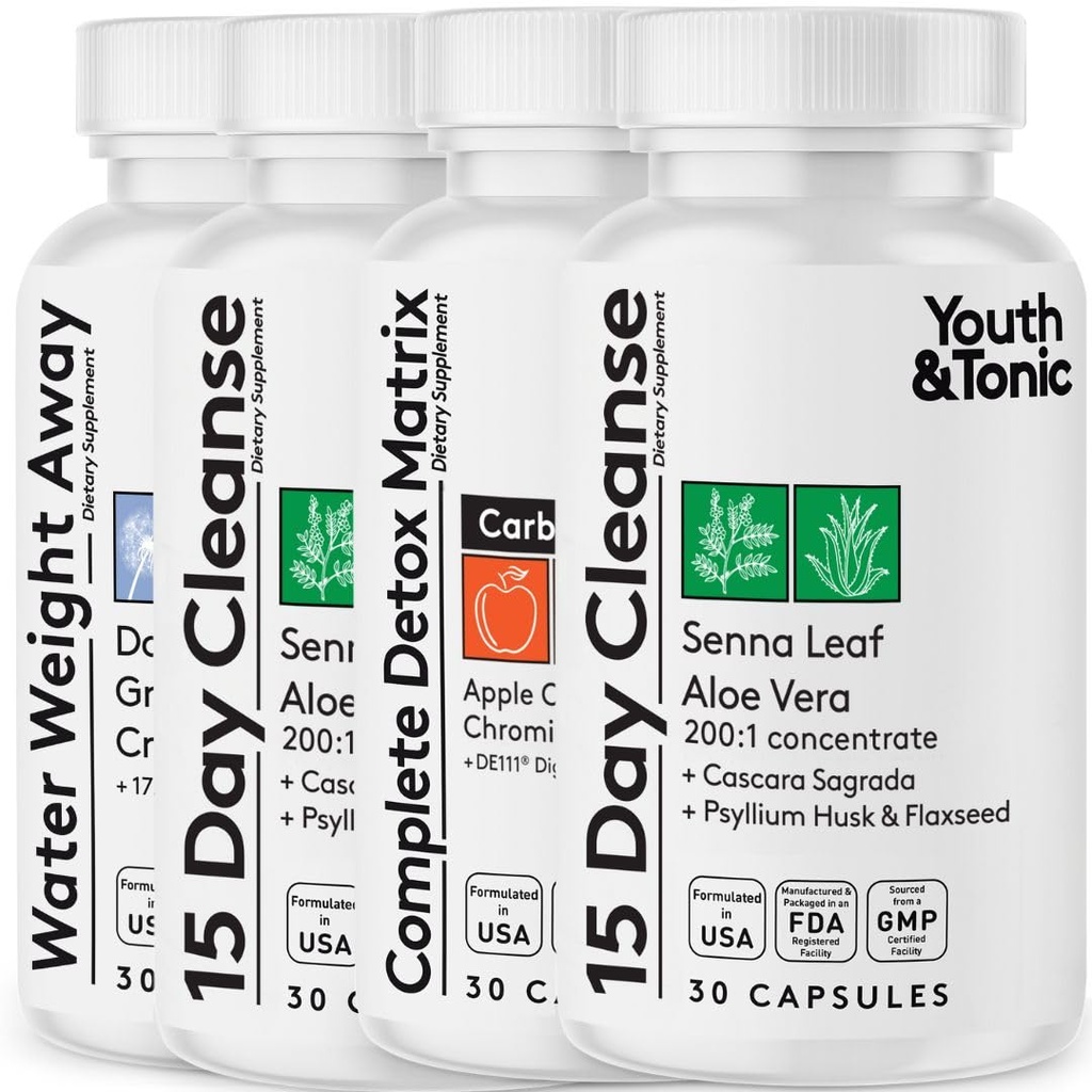 Detox Cleanse Kick Off Weight Management a Extra Colon Cleanser. 4pk pro vodní ztráty, nafouknutí, plochý žaludek, Pufness w jablečné víno, Senna Leaf, Glucomannan, Chrom, Probiotic 120 pilulky