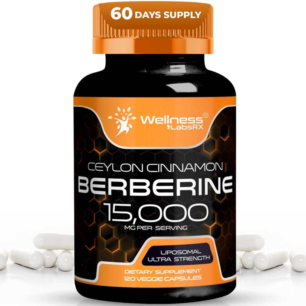WELLNESS LABSRX Berberine Supplement 15,000mg - Berberine s Ceylon Cinnamon, Celková wellness podpůrná kapsle - 120 Kapsle (Balení po 1)