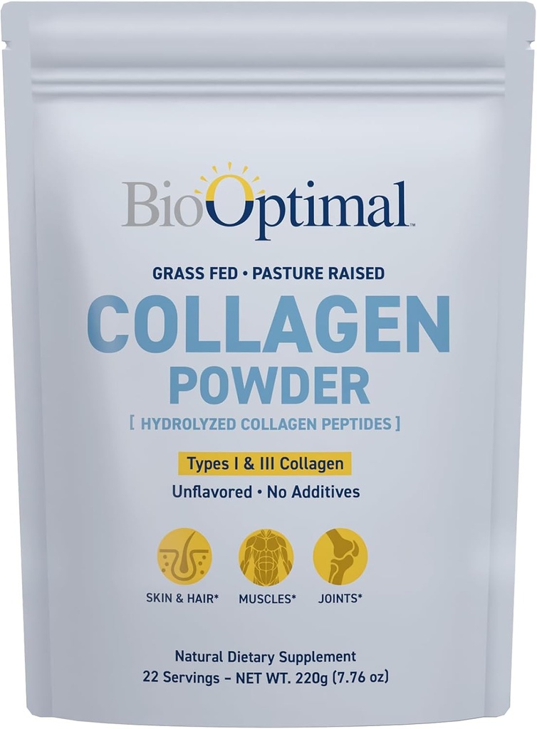 BioOptimal Collagen Peptides Powder - Grass- Fed, Pasture- Zvýšený hydrolyzovaný protein dodatek pro pleť, vlasy, nehty - Non- GMO, Nulový cukr Denní dodatek pro muže a ženy (22 Služení)