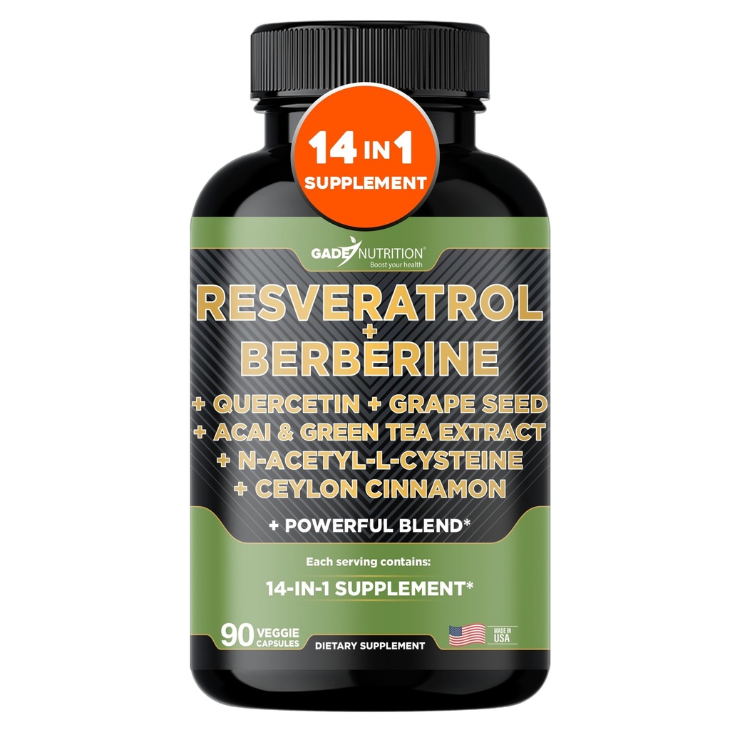 Gade Nutrition Resveratrol Berberine Quercetin Grape Seed Extract Green Tea Extract N-Acetyl Cysteine - 14 v 1 Komplexní dodatek pro ženy a muže s potenciálními antioxidanty - Made in USA