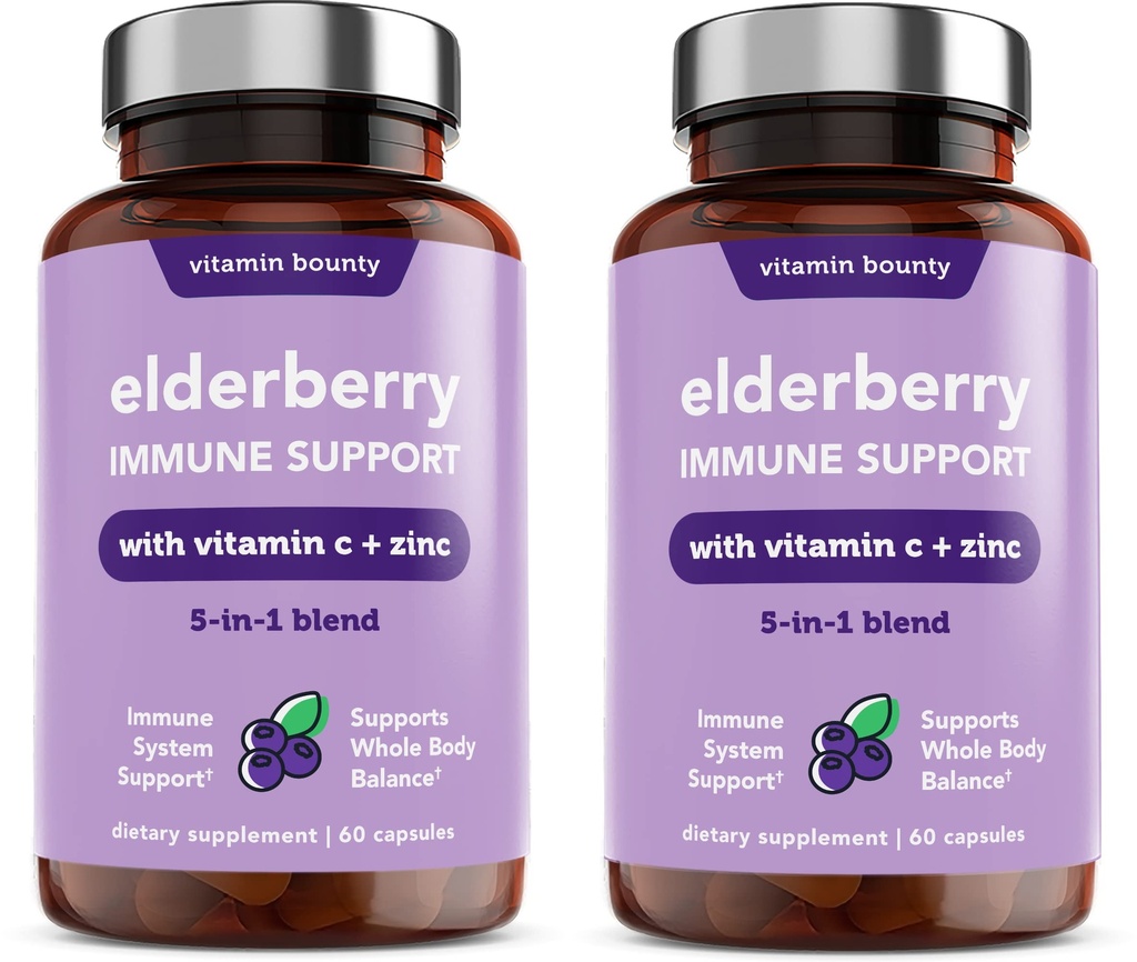 Vitamin Bounty Elderberry Imunitation Support - se zinkem, Vitamin C & Echinacea, Advanced 5-in-1 Směs, Výkonný antioxidant, Podporuje rovnováhu celého těla, Non- GMO - 60 Kapsle, 2 Pack