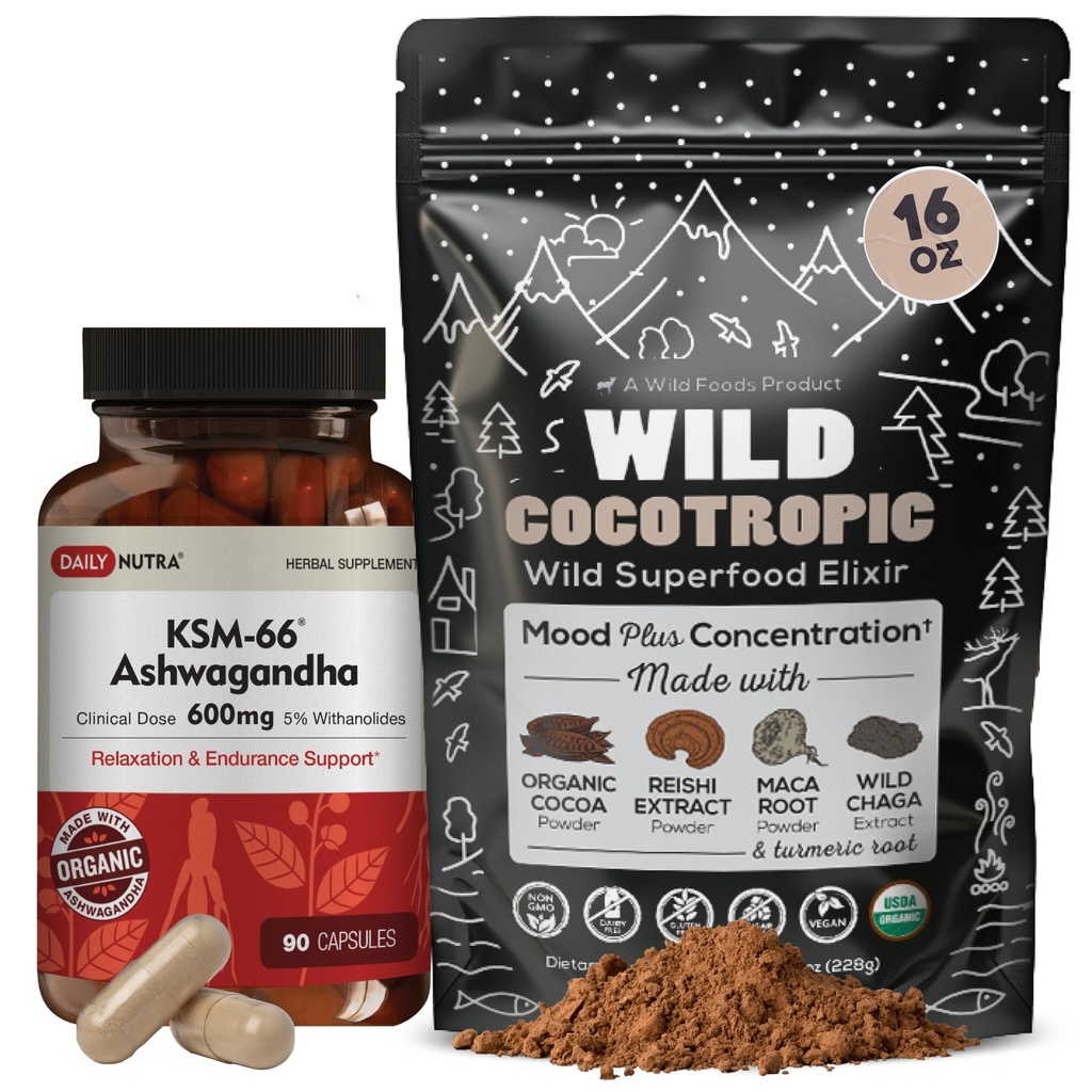 DailyNutra KSM 66 Ashwagandha (90 kapslí) a Houba Cacao Mix (16oz) Bundle pro relaxaci a soustředění