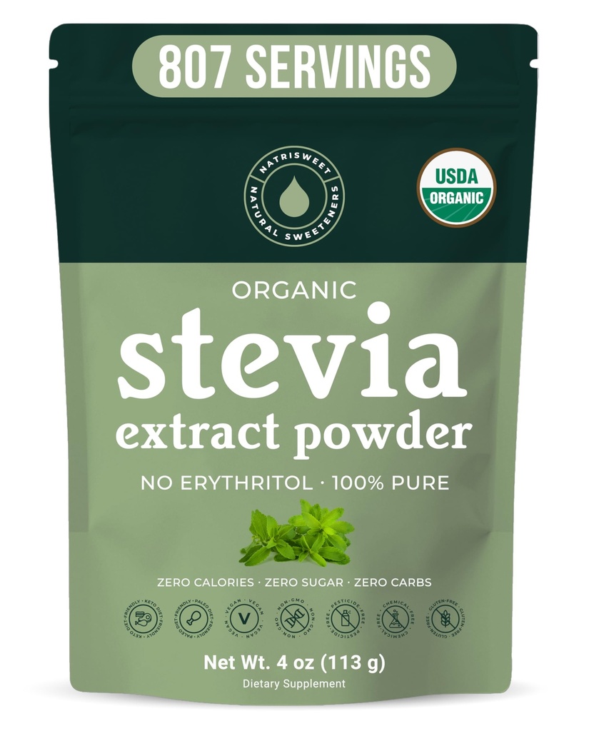 Organické 100% čisté Stevia Powder, 4 oz, uspokojuje sladké chutě, snižuje hladinu cukru v krvi pro diabetiky, Bulk Powerded Stevia Extract Sweetener pro lepší pečení a nápoje, 800 + Servings by NatriSweet