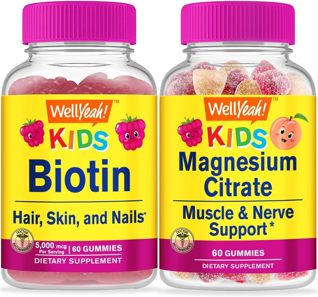 WellYeah Biotin děti + hořčík Citrát děti, Gummies Bundle - Velký přípitek, vitamin dodatek, gluten zdarma, GMO zdarma, Žvýkací žlab