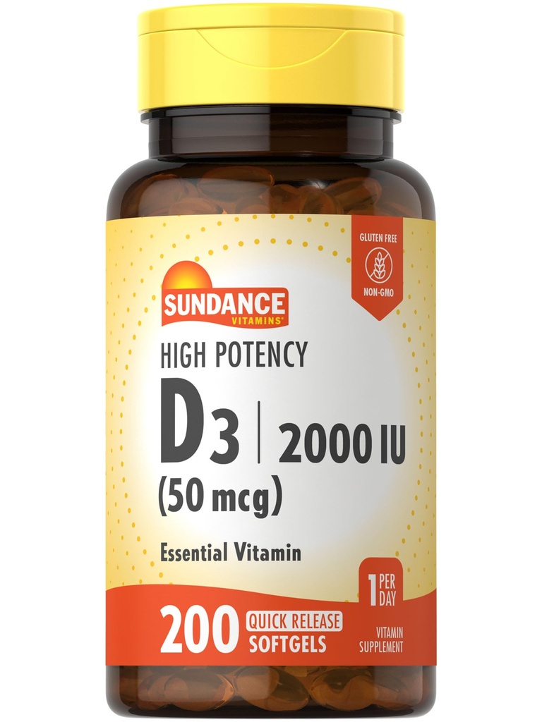 Sundance High Potency D3 2000 IU PHARMAN 124; 200 Softgels Quick Release PHARMAN 124; Essential Vitamin Formule PHARMAN 124; Non- GMO a gluten zdarma dodatek