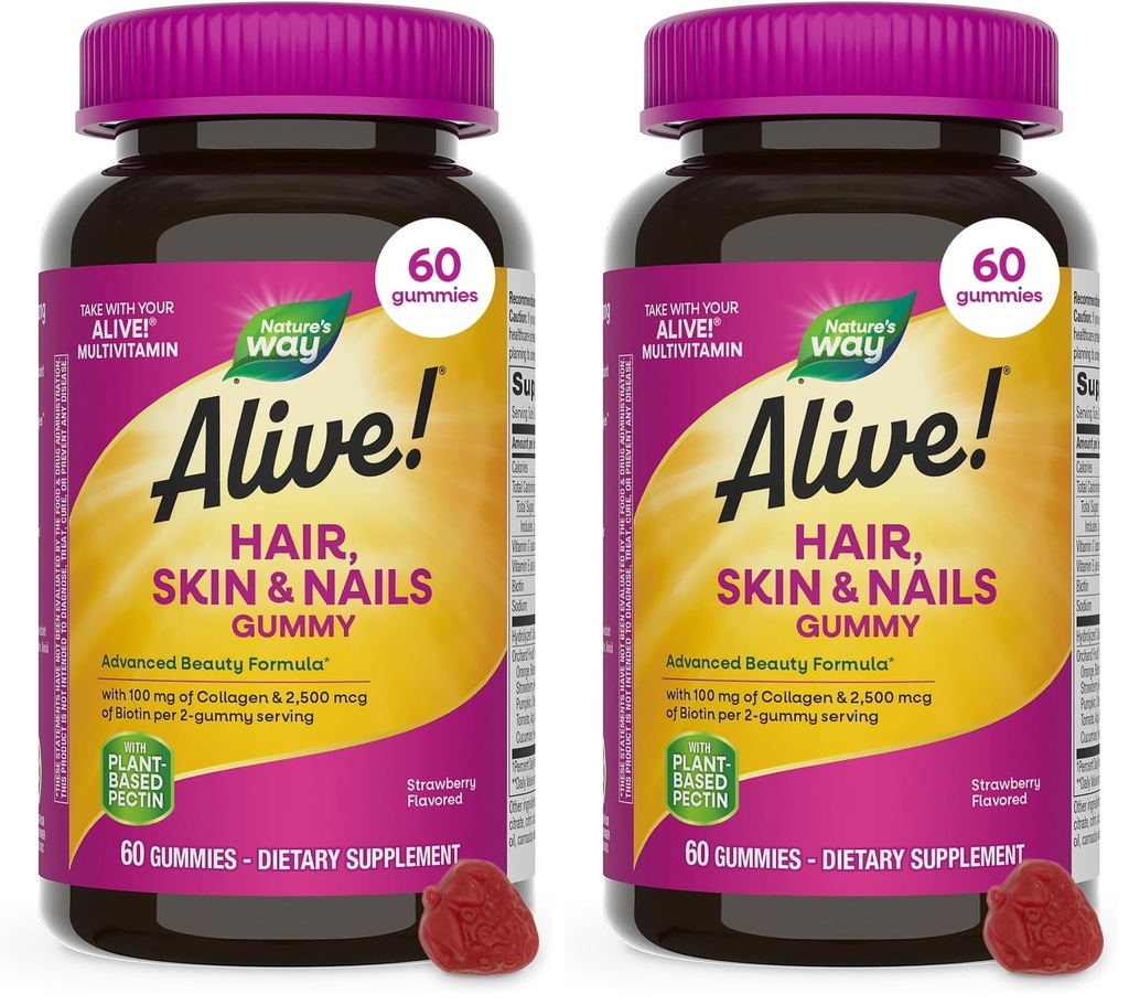 Příroda žije! Vlasy, kůže a nehty Gummies, Advanced Beauty Formule *, s Biotin a kolagen, Jahodová ochucená, 60 Gummies (Balení května Vary) (balení po 2)