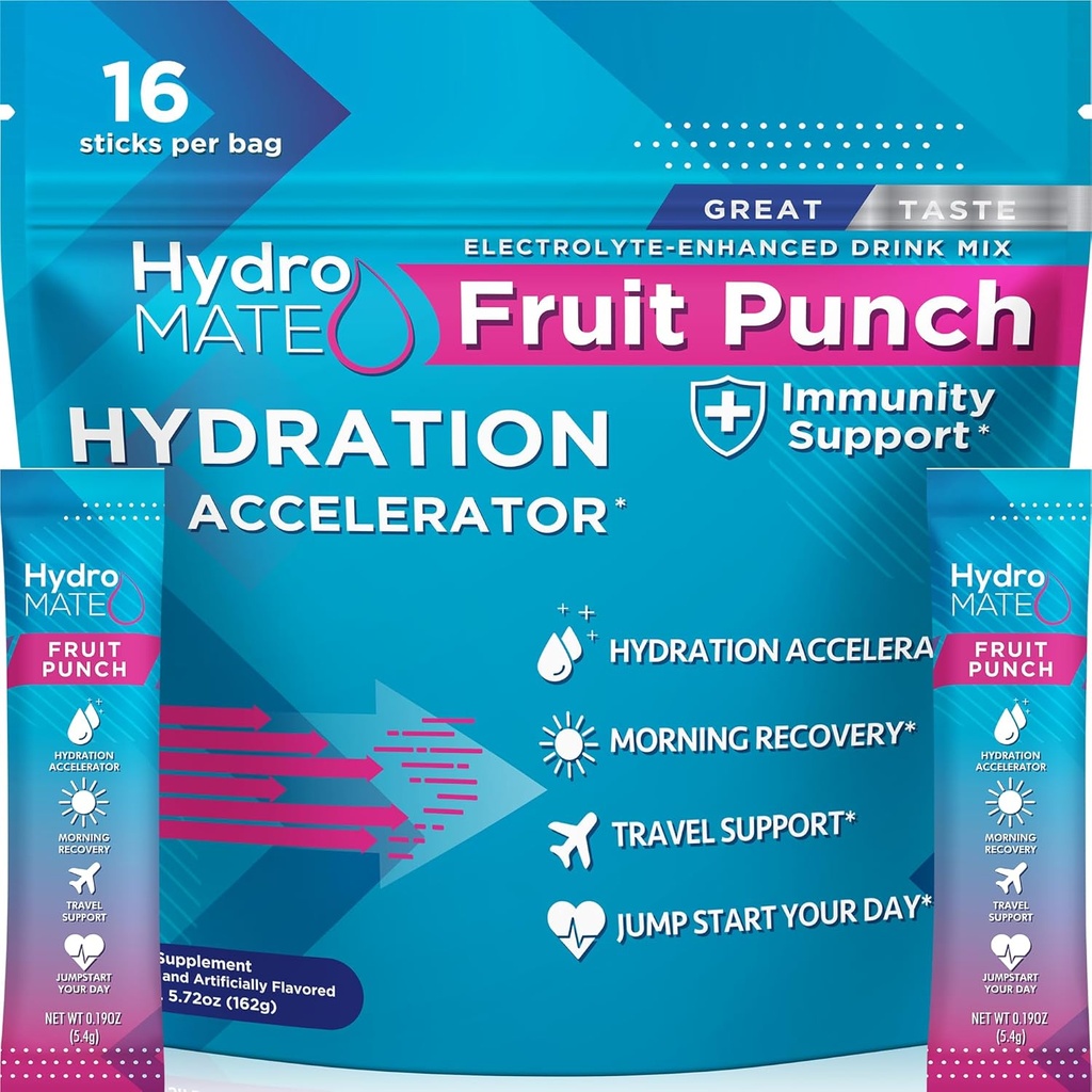 HydroMATE Electrolyte Powder Fruit Punch Hydratační balíčky Nízký cukr 16 Počet
