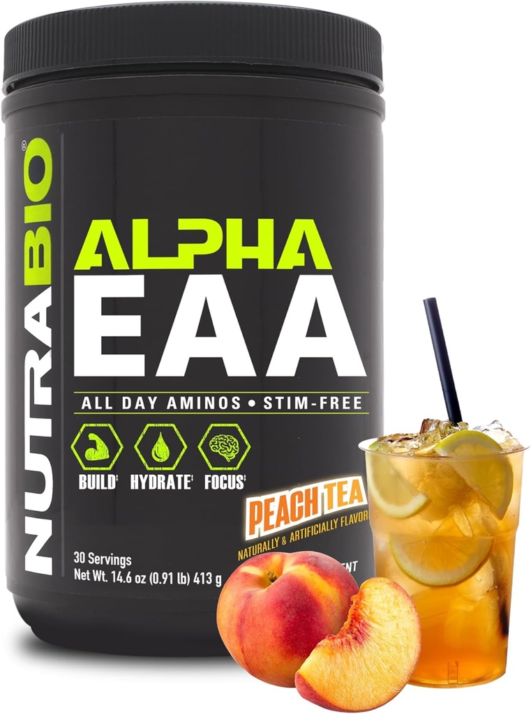 NutraBio Alpha EAA - All- Day Amino Acids for Muscle Growth and Hydration - Essential Amino Acids with Nootropics & Adaptogens- Full Spectrum EAA BCAA Powder - 30 Servings - Peach Tea