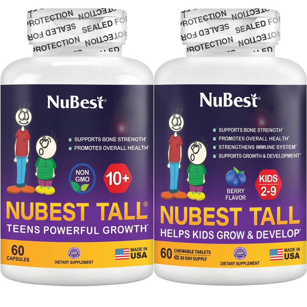 NuBest Bundle Tall 10 + 60 Kapsle Vysoké děti 60 Žvýkací tablety 124; Podpora růstu pro děti & dospívající 124; vápník, vitaminy D3 K2, kolagen & Byliny