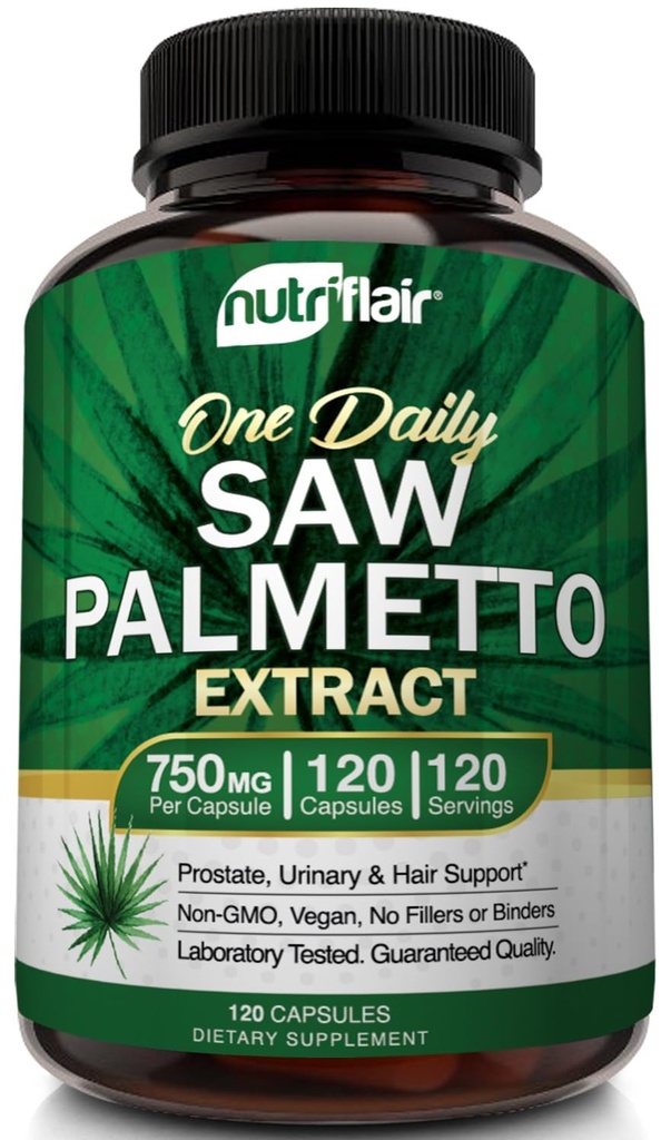 NutriFlair Saw Palmetto Extract 750mg, 120 Kapsle - Přírodní doplněk prostaty & Berry Zdravotní podpora - Pomáhá blokovat DHT zabránit vypadávání vlasů a pomáhá snížit časté močení, pro ženy a muže