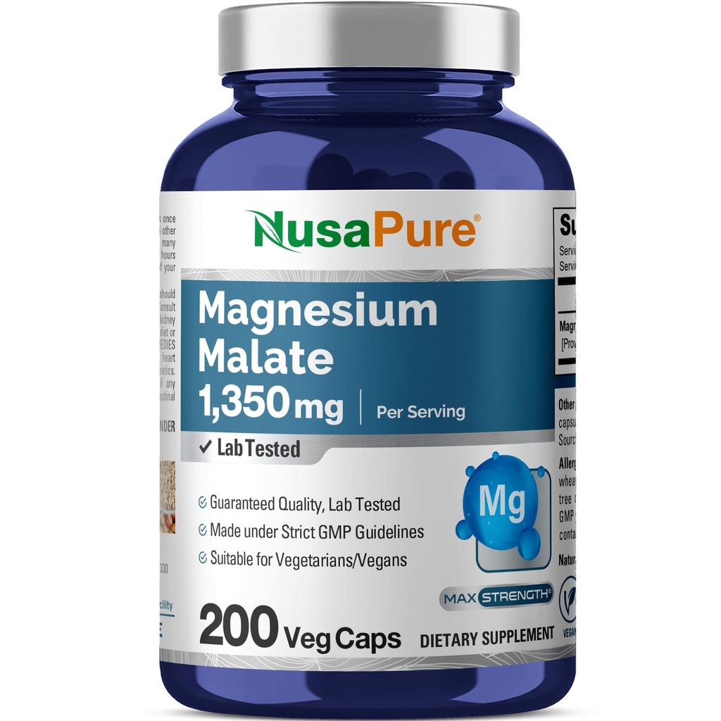 NusaPure Magnesium Malate 1350mg 200 Veggie Kapsle (Vegan, Non- GMO, Vegan)