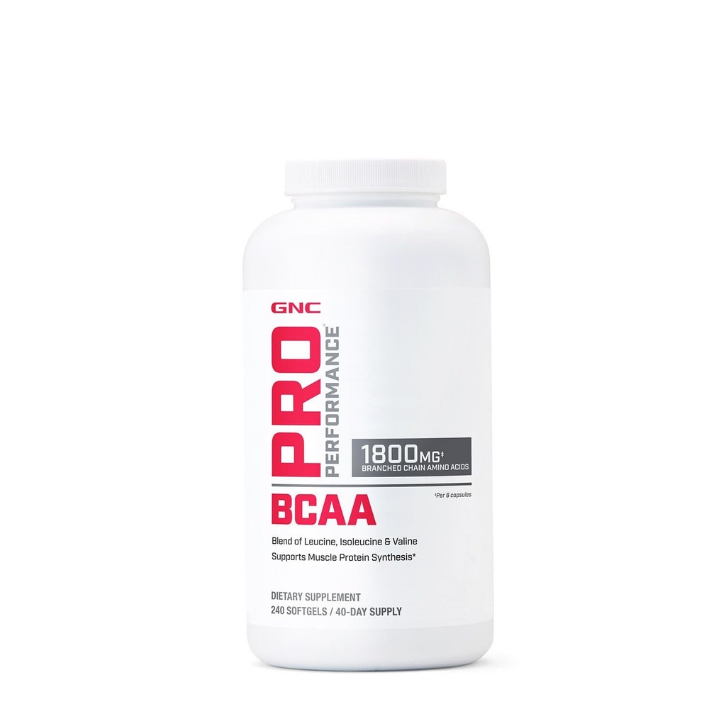 GNC Pro Performance BCAA 1.8g, 3. strana Testovaný dodatek pro muže a ženy, rozvětvené řetězce aminokyseliny, esenciální aminokyseliny podporuje svalové proteinové syntézy, 240 Softgels, 40 SVG