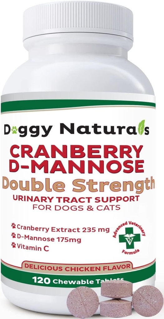 Cranberry D- Mannose pro psy a kočky Podpora močových cest Prevence a eliminace UTI, Močovina Infekce ledvin Podpora, Antioxidant (Dvojitá síla tablety, 120 Počet)
