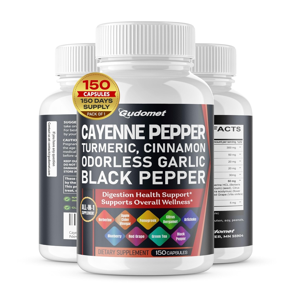 Cayenne Pepper Turmeric Odorsic Česnek Skořice Fenugreek Citrus Bergamot Artyčok Blueberry Green Tea Black Pepper - 150 Capsules - Made in USA