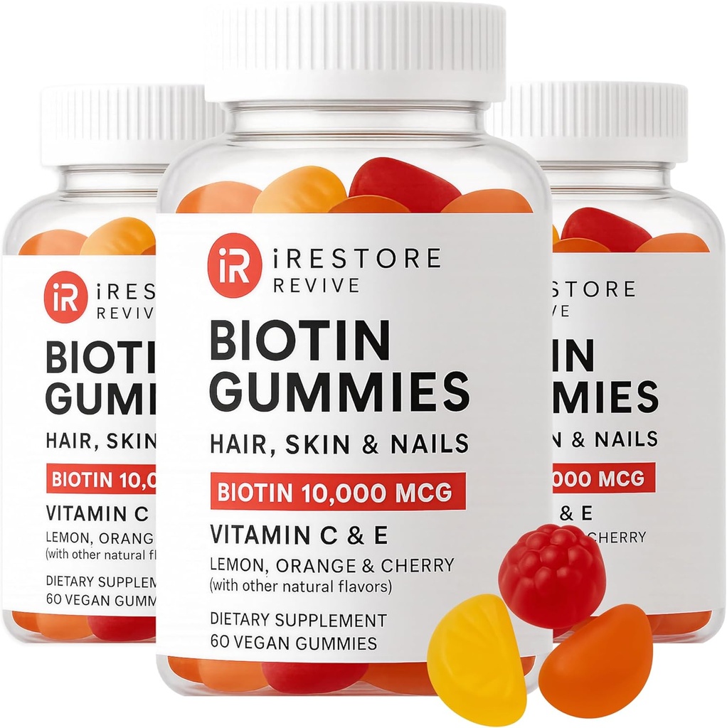 iRestore Hair Gummy Vitamíny, Vegan Biotin Gummies pro vlasy Kůže a nehty, Růst vlasů Gummies pro ženy a muže, Biotin 10,000mcg, 3PK