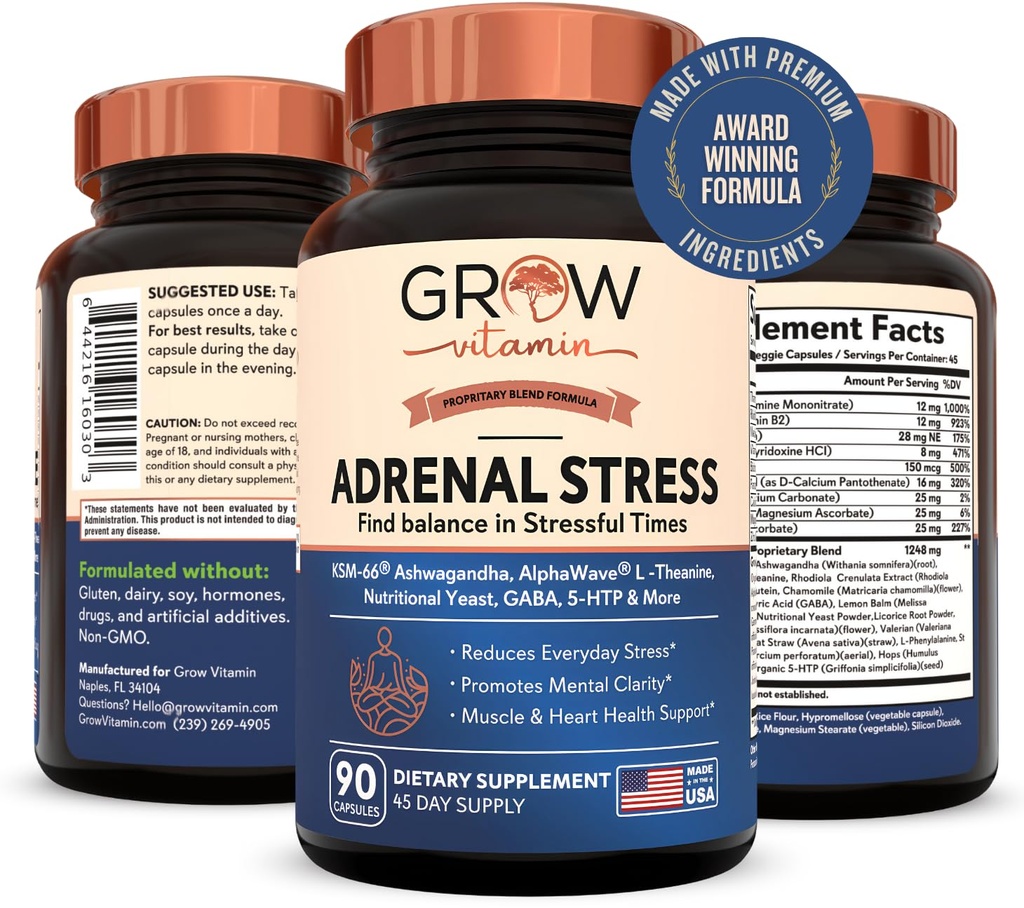 Růst Vitamin Adrenal Stress Advanced Formule, Organic KSM- 66 Ashwagandha s AlphaWave L- Theanine, 5-HTP, Magnesium Blend - Každý den Stress Relief, Mood Support, Cognitive, Brain Health, 90 Kapsle