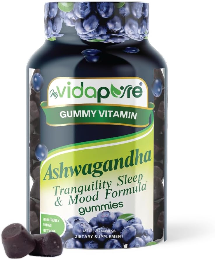 Ashwagandha Gummies, High Potency Ashwagandha Root Extract with Magnesium Glycinate, Melatonin, B6, Valerian Root, GABA, Vášeň květina pro muže a ženy. 60 Počet 30 porcí myVidaPure